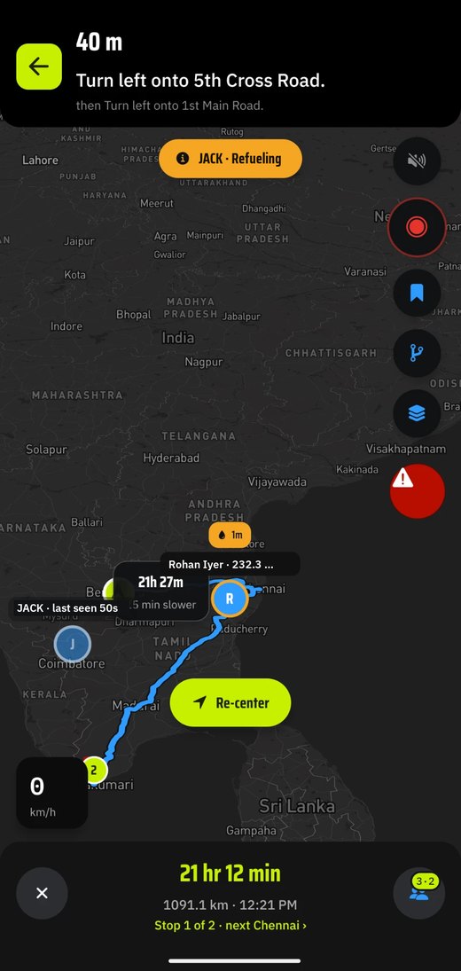 A group ride in progress: the whole route across southern India, riders shown as pins, and a status pill reading JACK is refueling.
