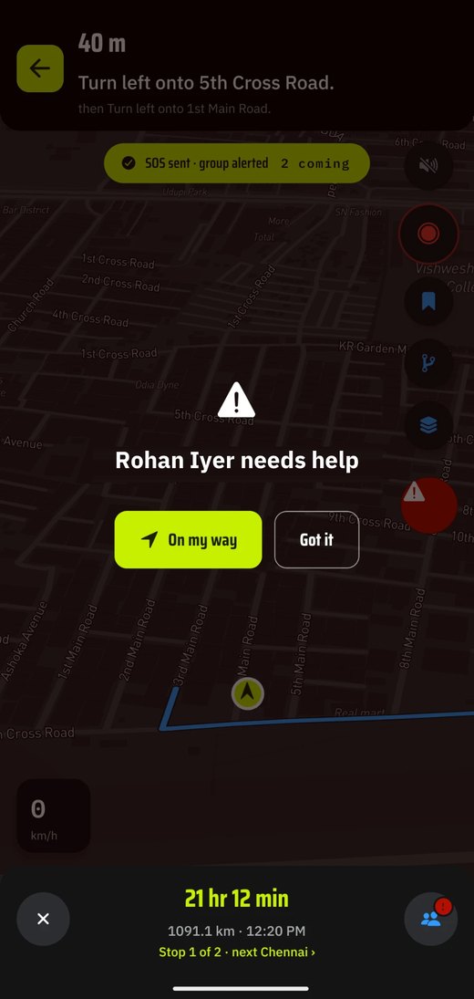 An SOS alert filling the screen: a rider needs help, with buttons reading On my way and Got it.
