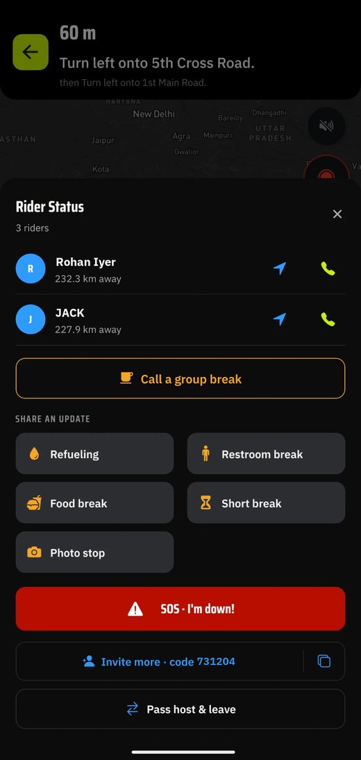 The rider status sheet listing each rider and their distance, with buttons to call a group break, share an update, and an SOS button.