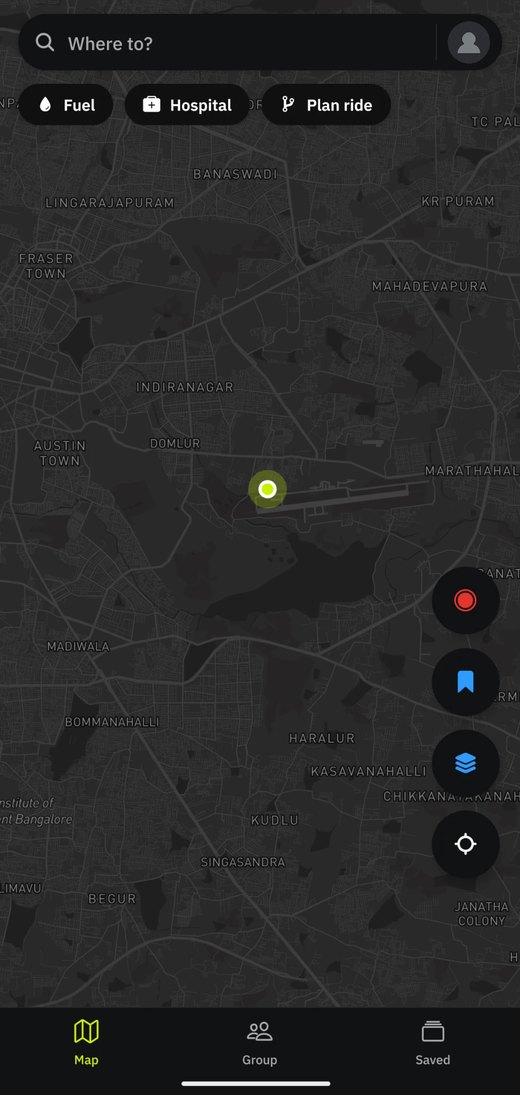 The Ride Sync map: a dark map of Bengaluru with a Where to? search bar, quick buttons for Fuel, Hospital and Plan ride, and a record button on the right.