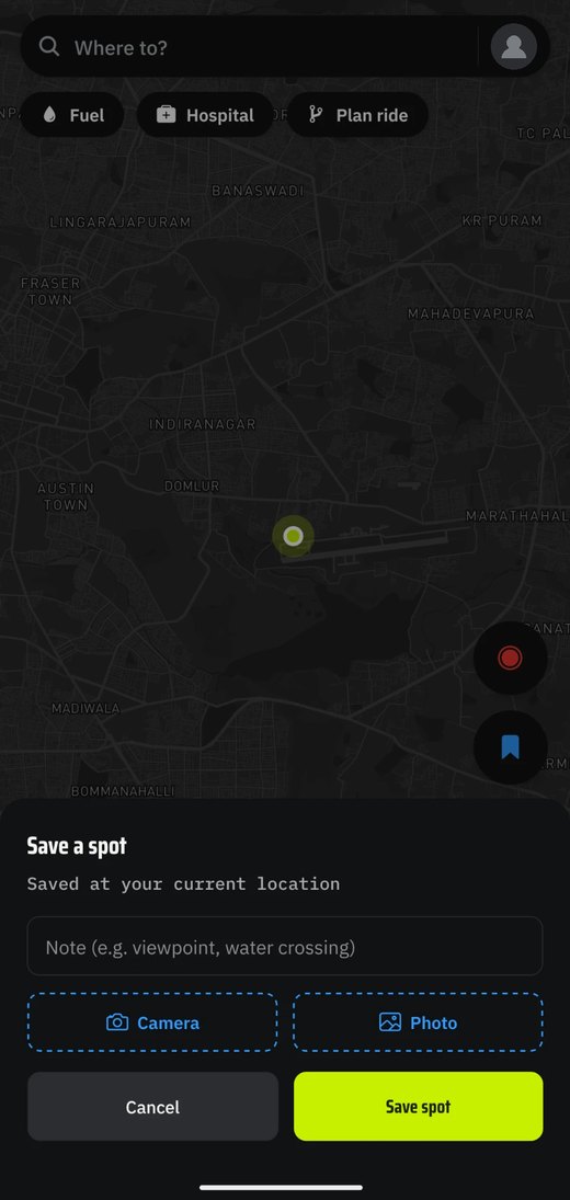 A Save a spot sheet with a note field and buttons for camera and photo, over the map.